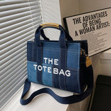 New Women Denim Contrast Color Stitching Hand Tote Bag Females Casual Retro Embroidered Letters Messenger Bag For Ladies